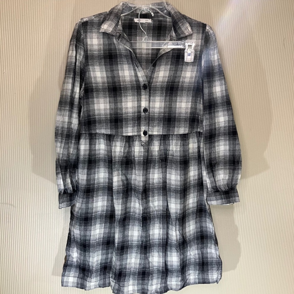 Beachlunchlounge Black White‎ Plaid Cotton Babydoll Shirt Dress Medium WCD4672